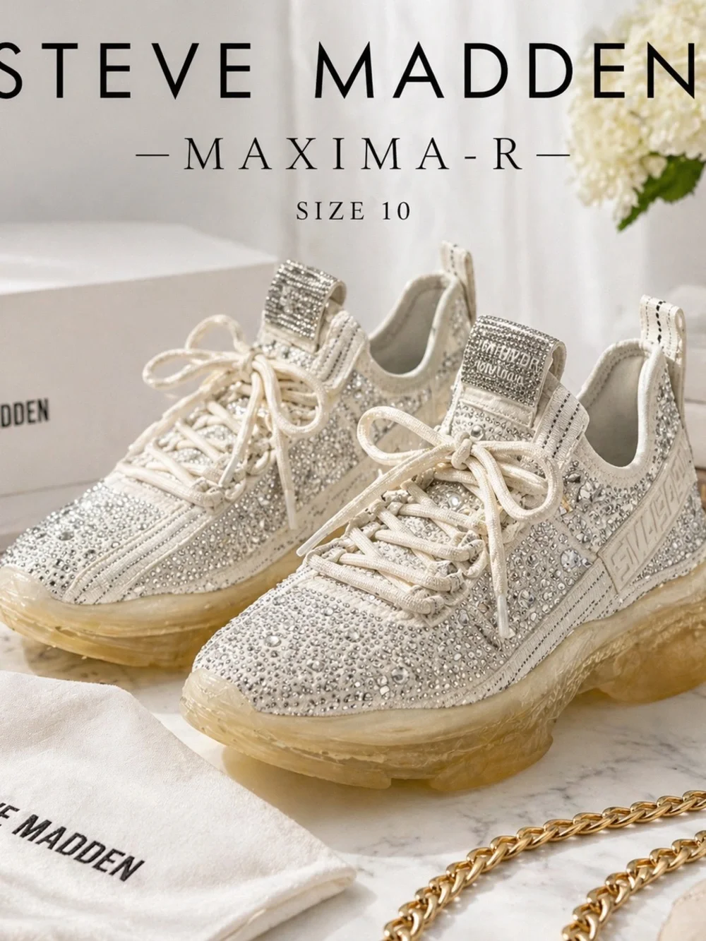Steve Madden Maxima-R Rhinestone Sneakers White Chunky Platform Size 10 - Picture 7 of 7